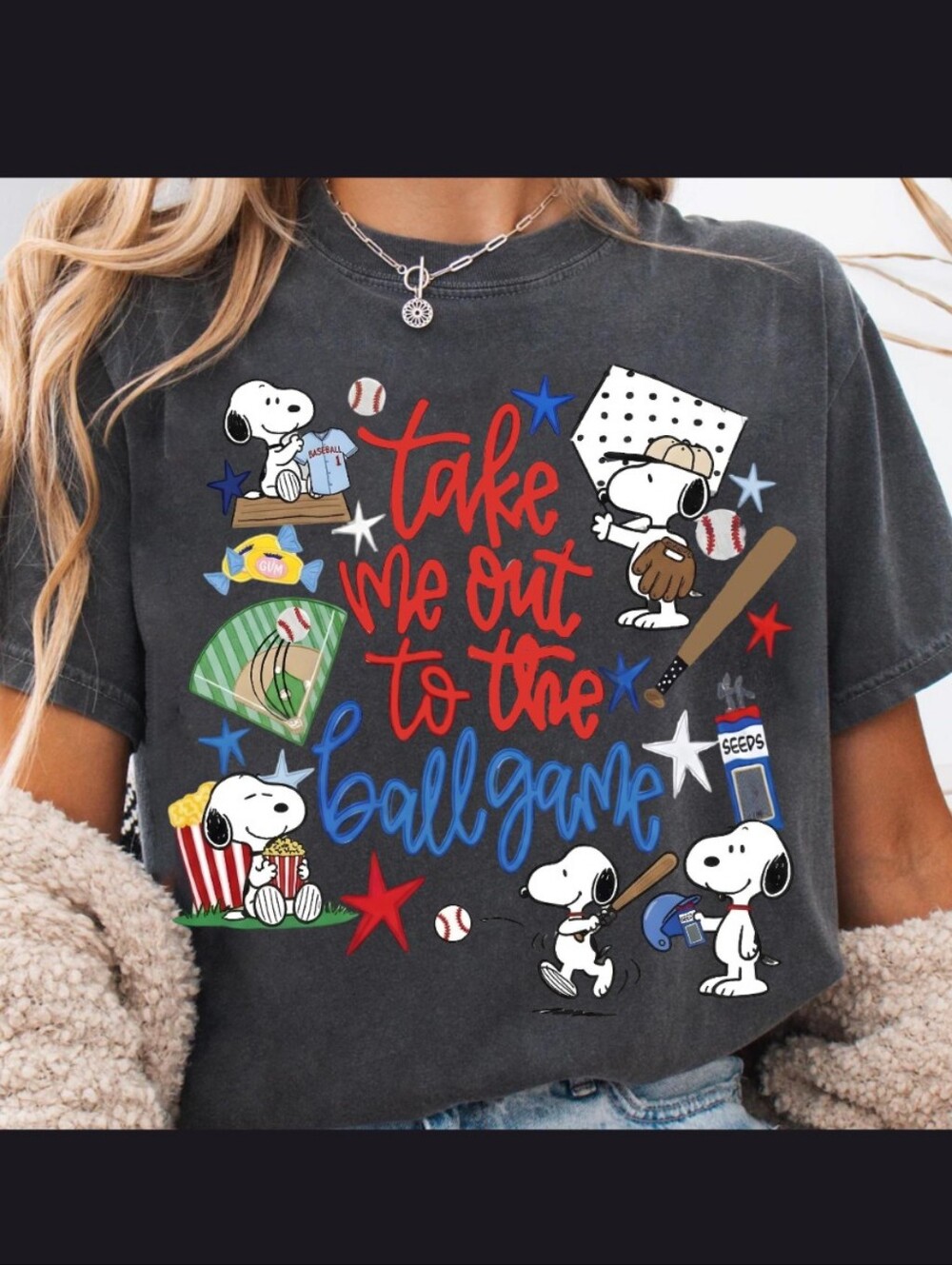 Comfort Colors Charcoal Tee with Multicolor Snoopy Baseball Graphics